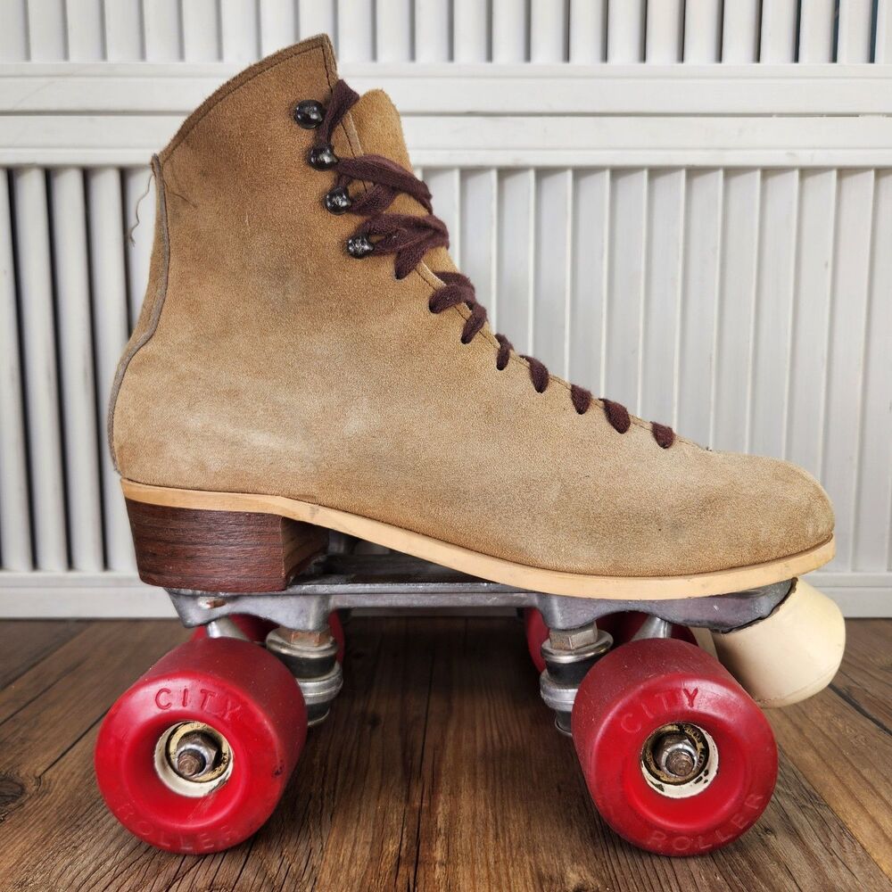 VTG Chicago Roller Skates Mens Sz 7 Brown Suede Boots Quad Wheels Retro 70s 80s